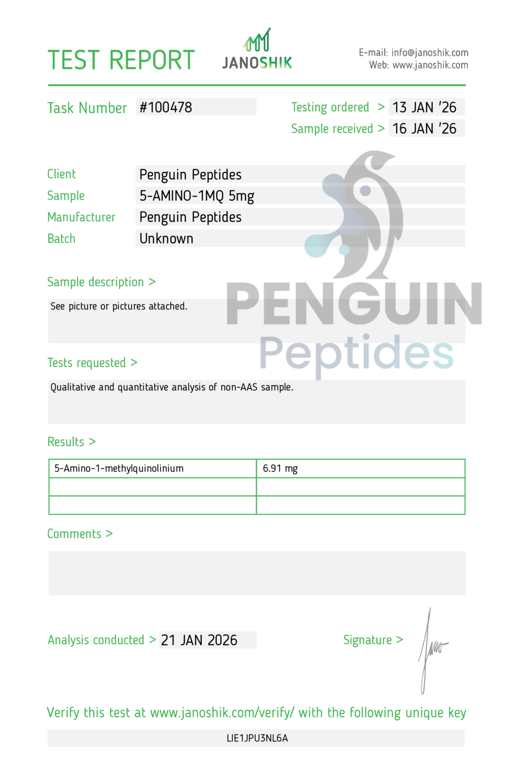 5-Amino-1mq 5mg certificate of analysis