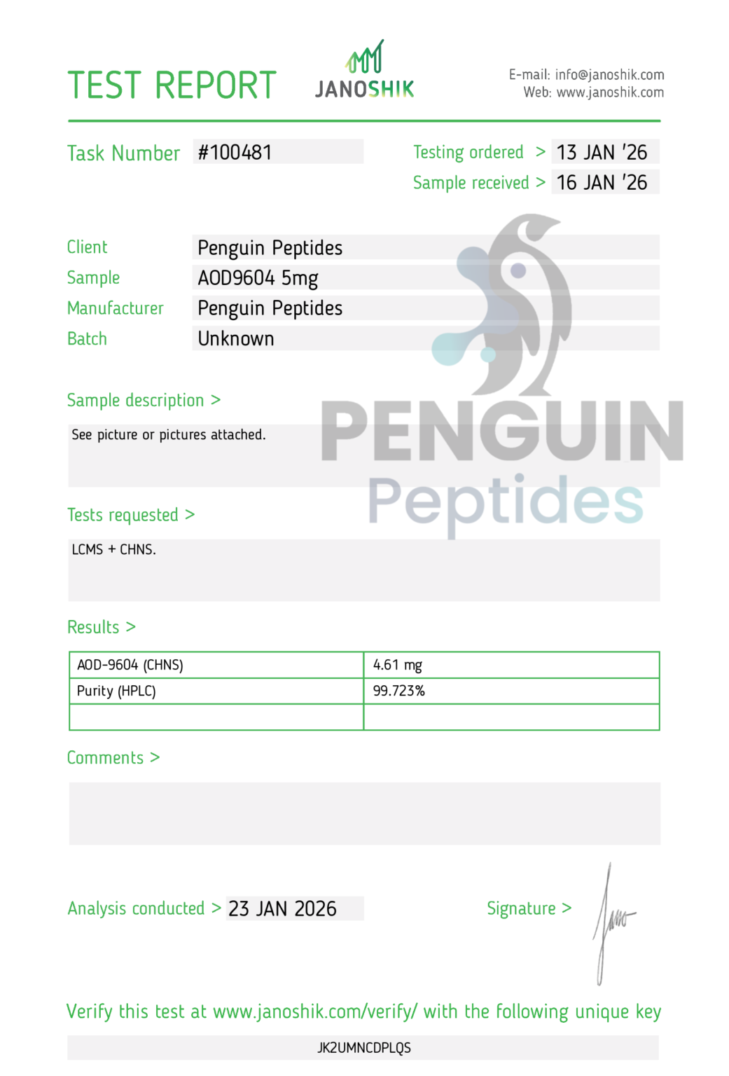 AOD9604 5mg certificate of analysis