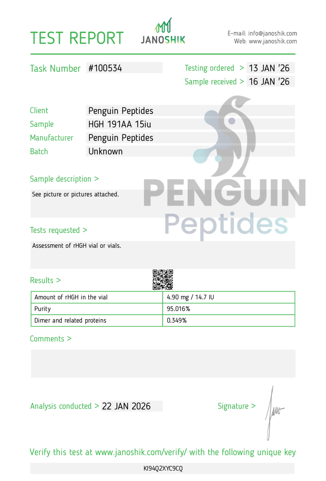 HGH 191AA 15iu certificate of analysis