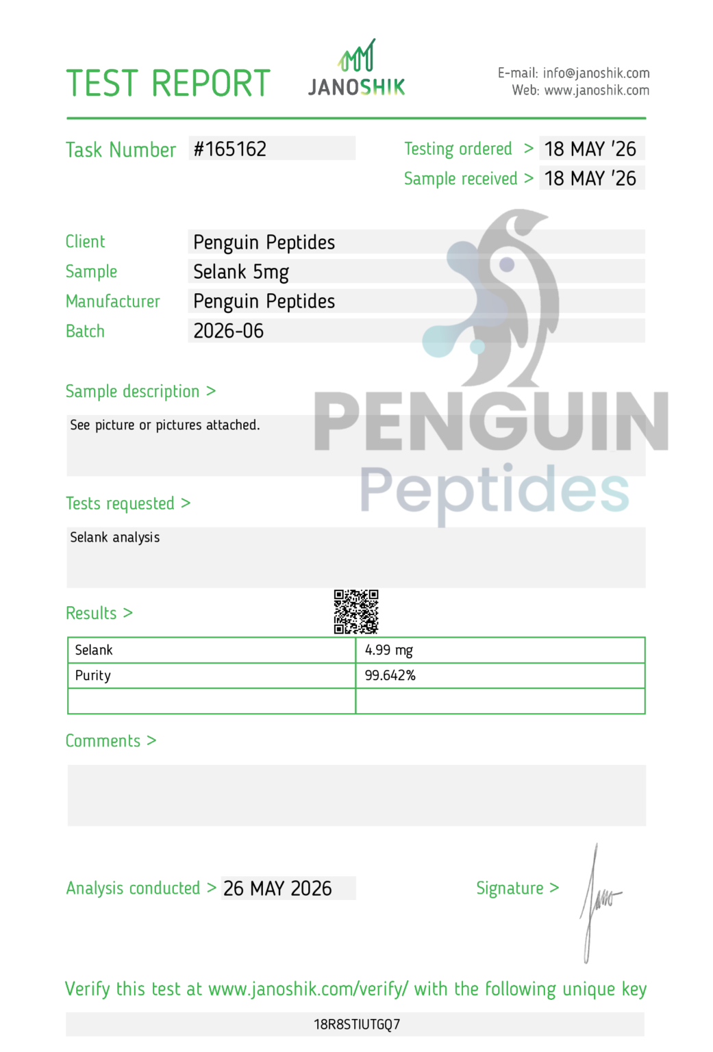 Selank 5mg certificate of analysis