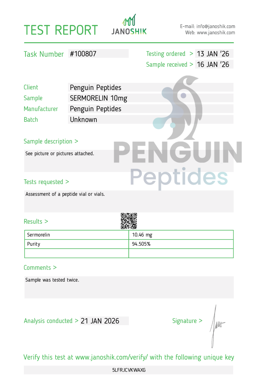 Sermorelin 10mg certificate of analysis