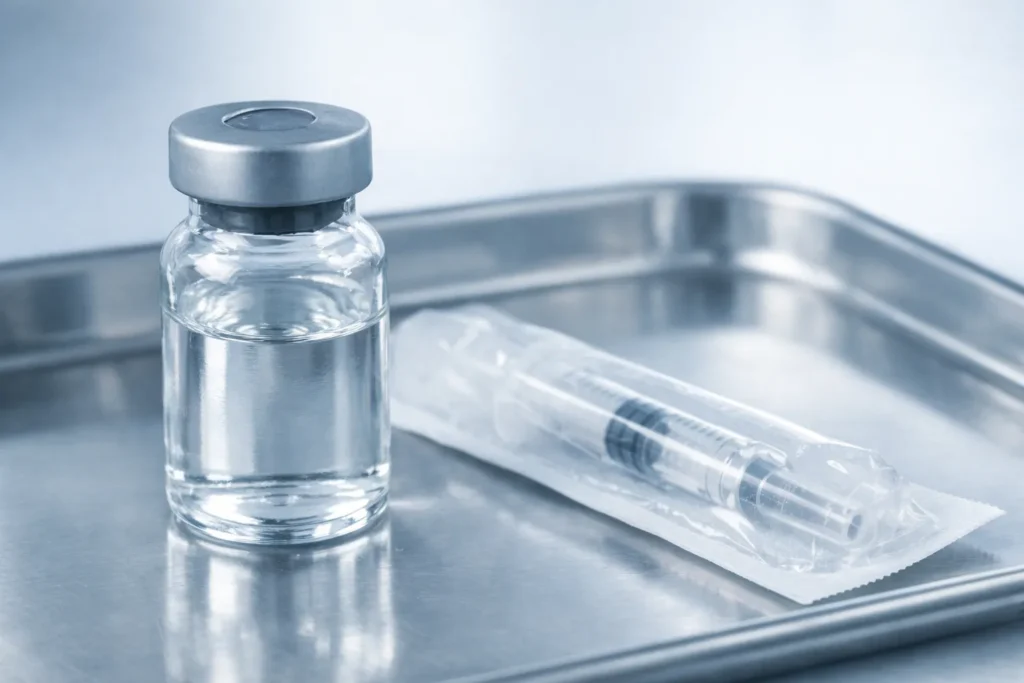 Sealed glass vial with rubber stopper and crimp cap on a stainless steel lab tray