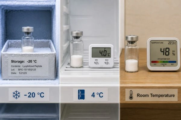 Lyophilized peptide vials at three different storage temperatures