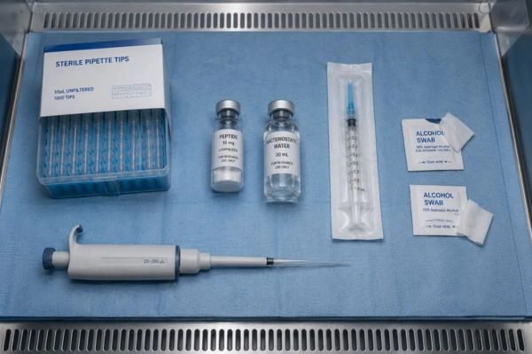 Reconstitution supplies arranged inside laminar flow hood