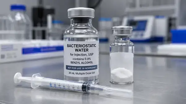 Bacteriostatic water vial and sterile syringe for peptide reconstitution research