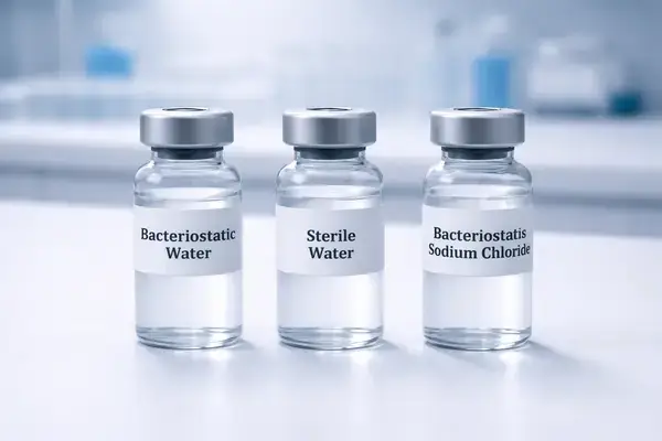 Bacteriostatic water compared to sterile water and bacteriostatic saline vials in a research lab