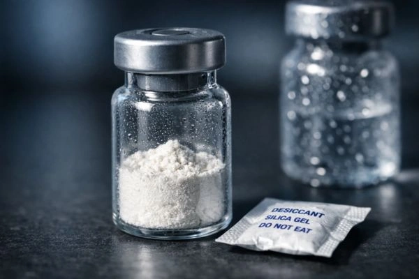 Sealed peptide vial with desiccant on lab surface