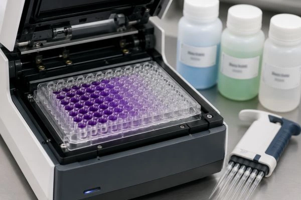 Colorimetric enzymatic assay microplate inside laboratory plate reader