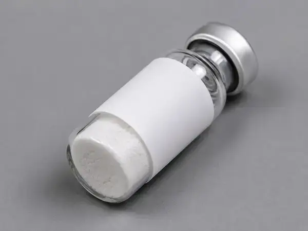 Vial of white lyophilized Epithalon powder, materials view 