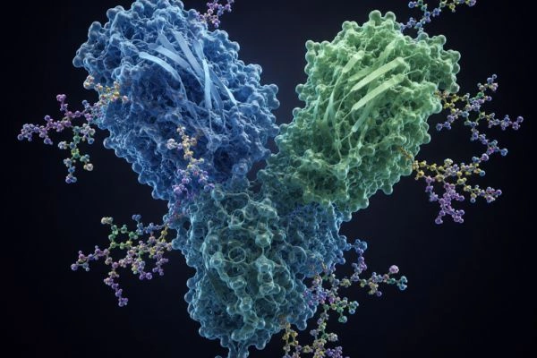 Glycoprotein heterodimer structure showing branched glycan chains