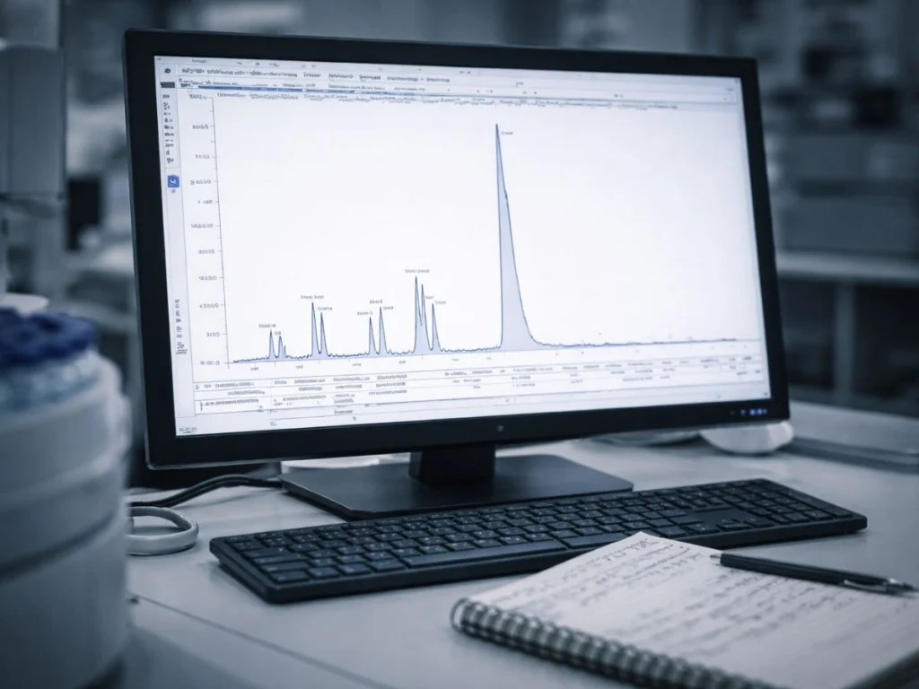 HPLC chromatogram showing peptide purity peaks on screen