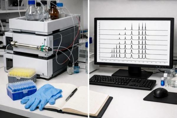 HPLC system alongside NMR spectrum display monitor