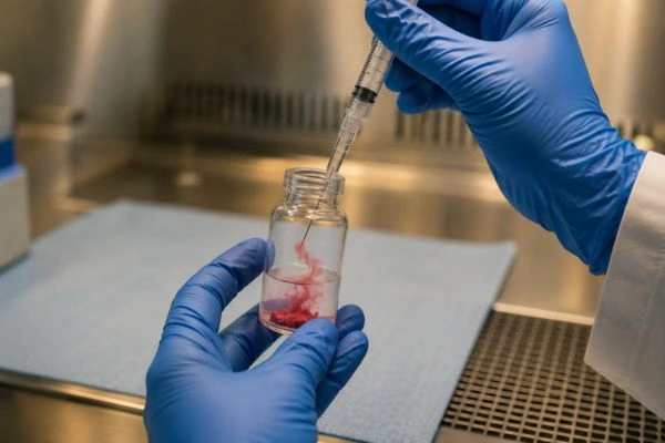 Solvent dissolving pink methylcobalamin powder inside research vial