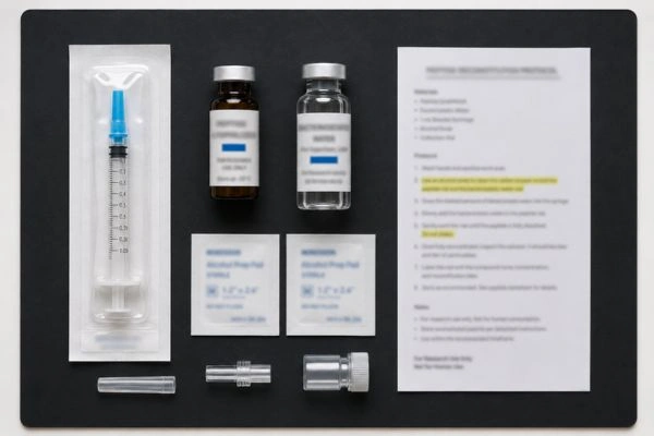 Organized peptide reconstitution supplies on laboratory mat