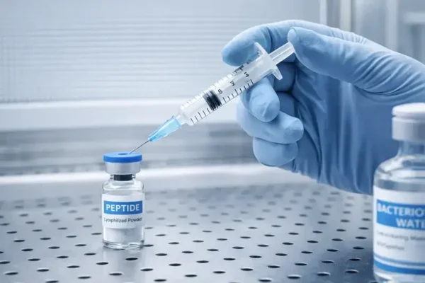 Researcher reconstituting Tesamorelin peptide with bacteriostatic water