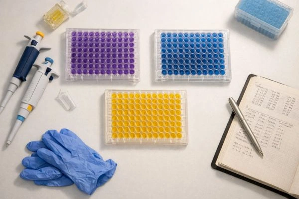 Three assay plates on organized lab bench