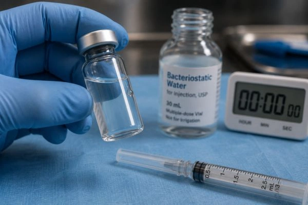 Gloved hand holding freshly reconstituted peptide research vial