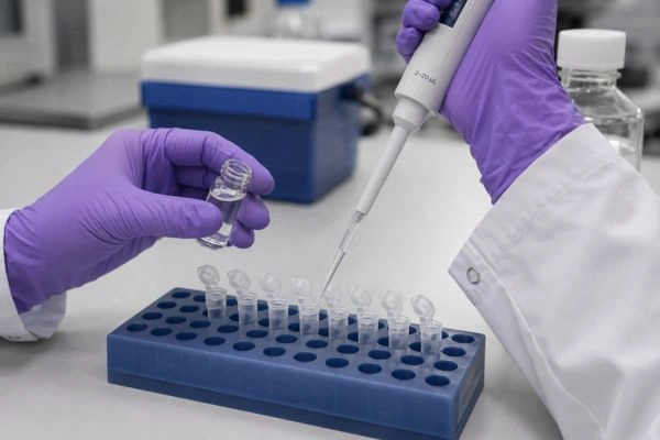 Researcher aliquoting peptide into low-binding microcentrifuge tubes