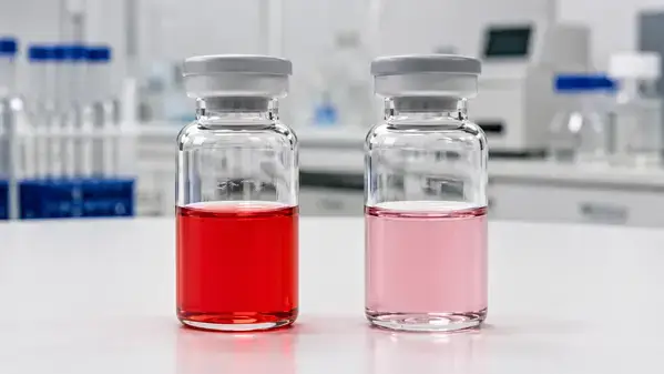 Intact and photodegraded cobalamin solutions side by side under lab lighting