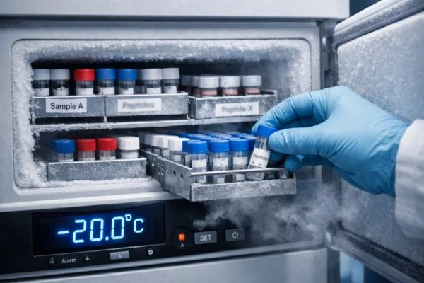 Laboratory freezer storing labeled peptide vials properly