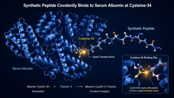 Peptide covalently bonding to serum albumin via thioether linkage at cysteine-34