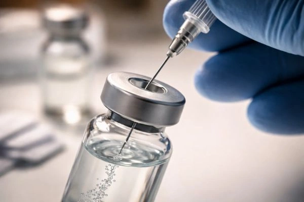 Syringe dispensing solvent into peptide research vial