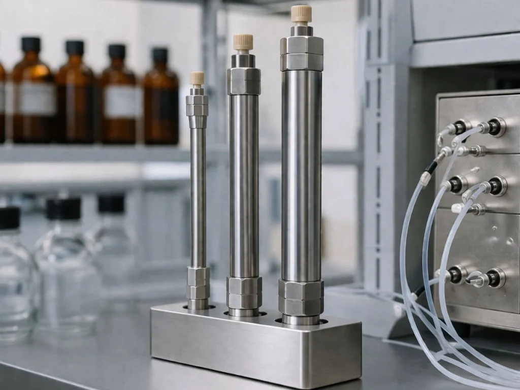 Three HPLC columns for peptide separation