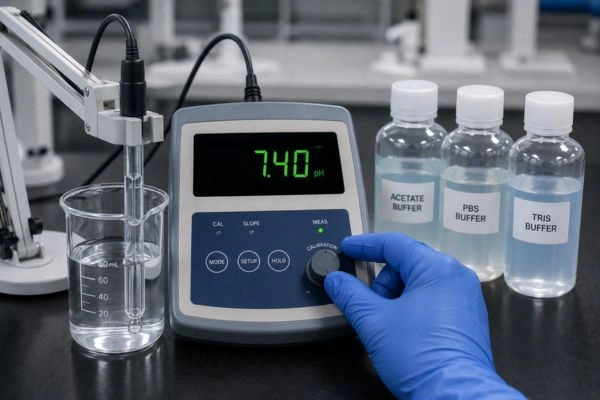 Laboratory pH meter testing BPC-157 peptide buffer solution