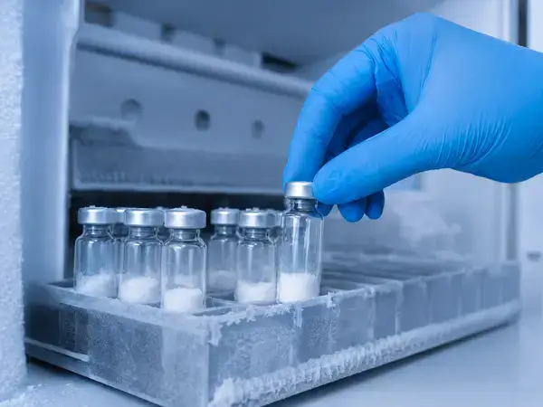 Lyophilized peptide vials in cold freezer storage for long term stability