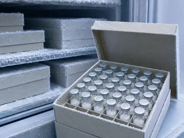 Lyophilized peptide vials in cold storage freezer