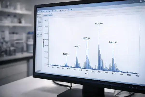Mass spectrometry spectrum display for identifying cyanocobalamin degradation products
