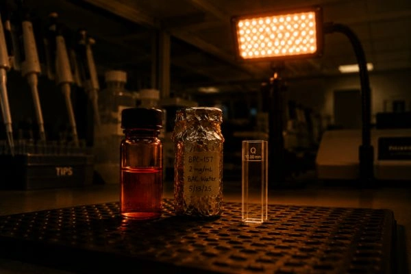 Amber vial and foil-wrapped container under protective lighting
