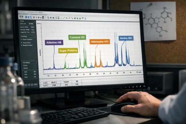 NMR software displaying detailed proton spectrum peaks