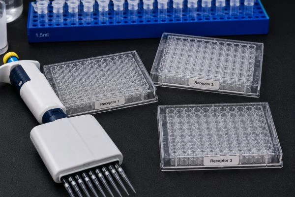 Three labeled assay plates for triple receptor research