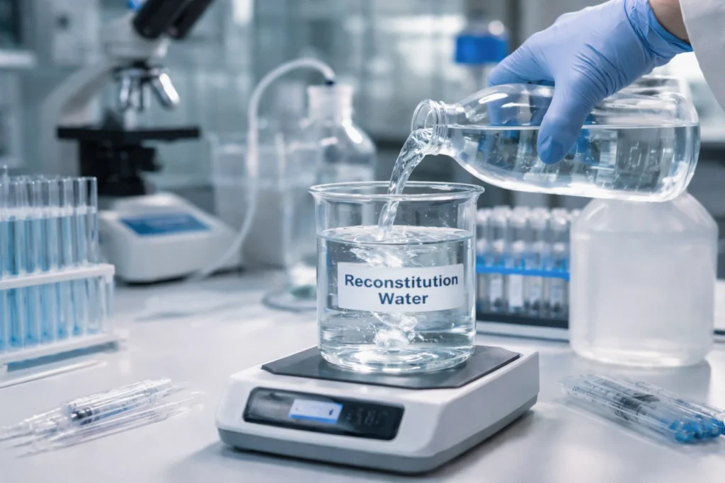Researcher pouring reconstitution water
