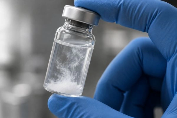 Gloved hand gently swirling peptide vial to dissolve