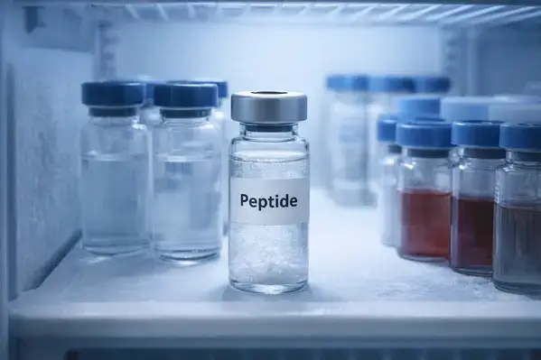 Reconstituted peptide solution stored in a research laboratory refrigerator after bacteriostatic water preparation