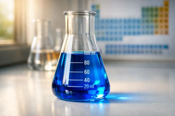 Blue copper solution in laboratory glass flask