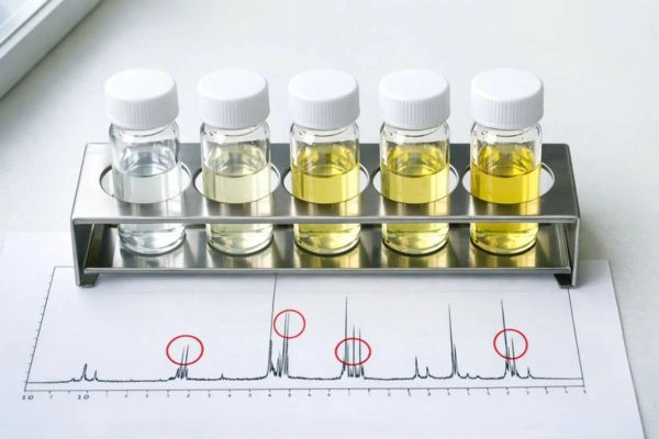 Five vials beside marked NMR spectrum