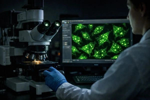 Fluorescence microscope displaying green cell imaging results
