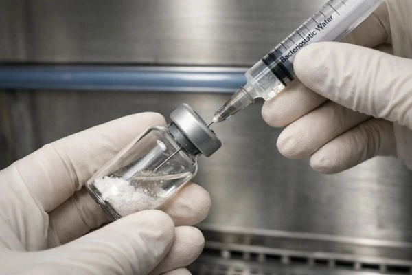 Gloved hands reconstituting peptide in flow hood