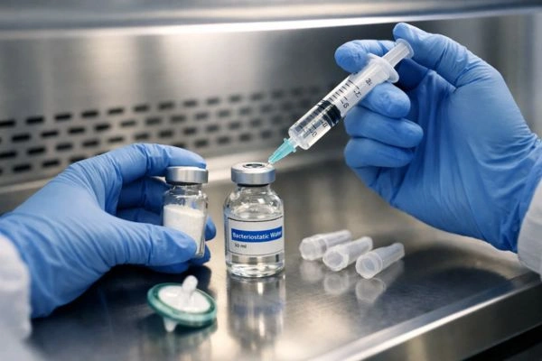 Researcher reconstituting lyophilized peptide in laminar hood 