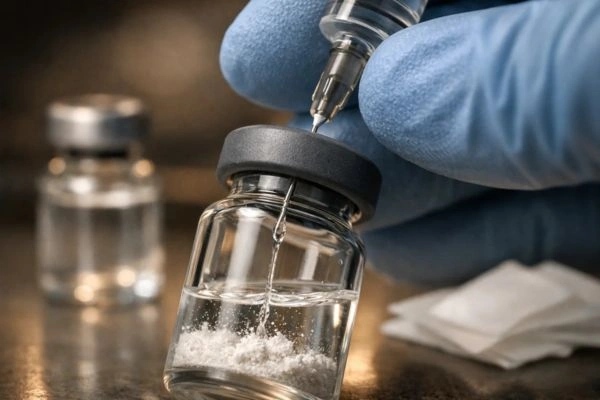 Syringe dispensing solvent along peptide vial wall