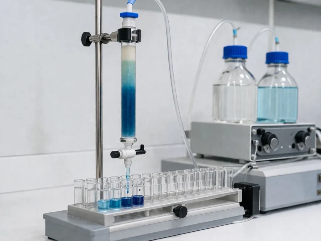 Ion exchange column separating blue copper peptide fractions