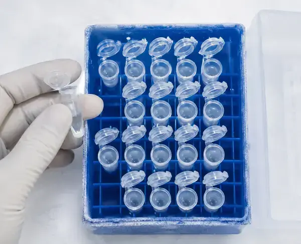 Pre-aliquoted peptide research tubes in freezer rack