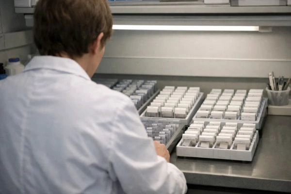 Scientist reviewing preclinical tissue samples at workstation