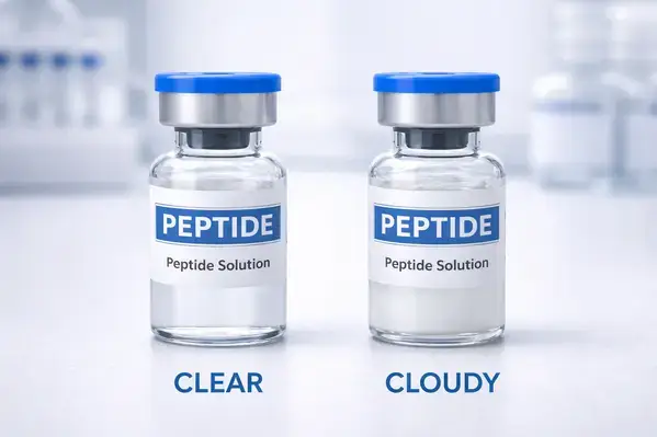 Clear vs degraded Tesamorelin peptide solution comparison