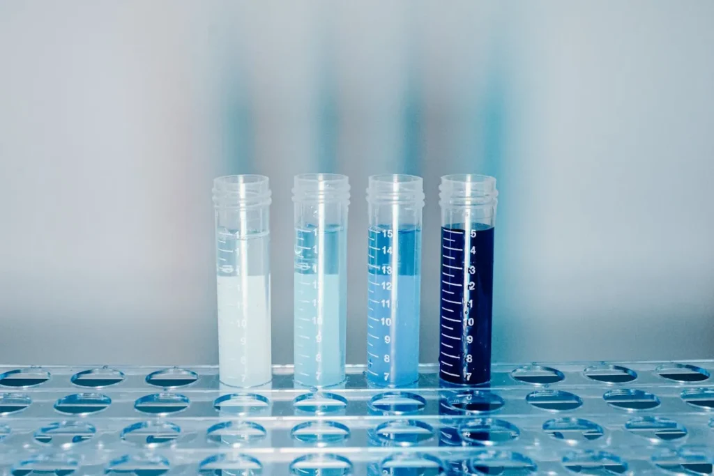 Different solvents used in the lab including sterile water