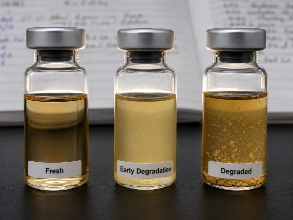Three vials showing 5-Amino-1MQ degradation stages