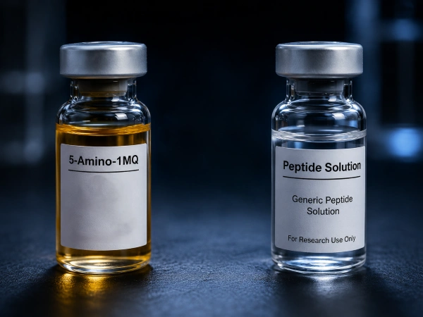5-Amino-1MQ vial beside a standard peptide vial